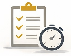 Clipboard with checked items and a stopwatch