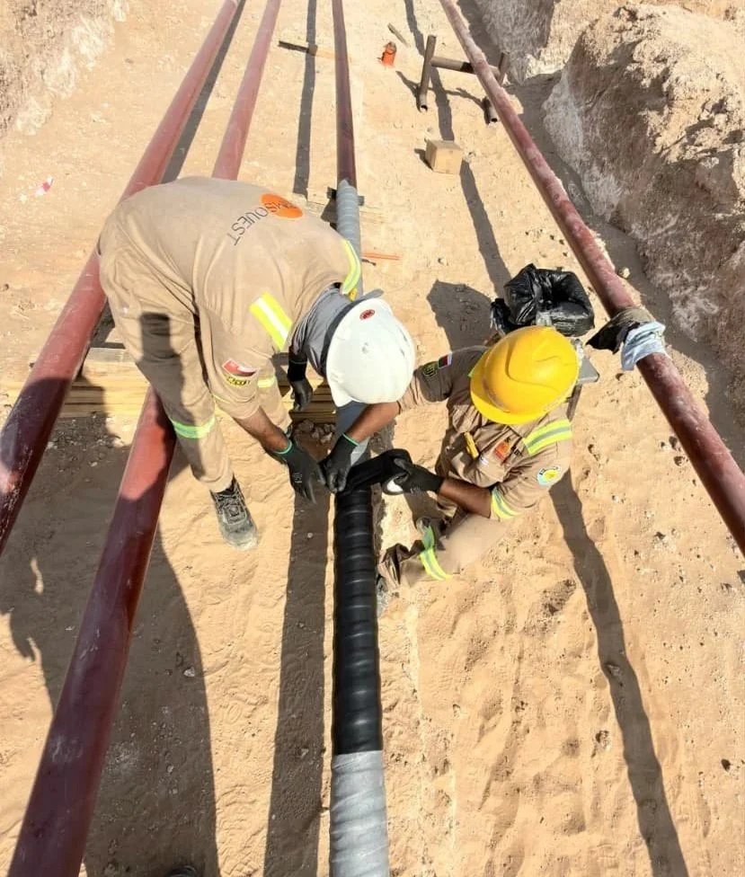 Two workers wearing safety gear, including helmets and gloves, are installing the Trenton Anti-Corrosion wax tape Wrap system