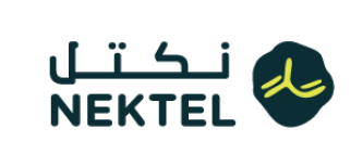 Nektel company logo with Arabic script and English text, featuring a dark green rounded shape with a yellow abstract symbol inside.