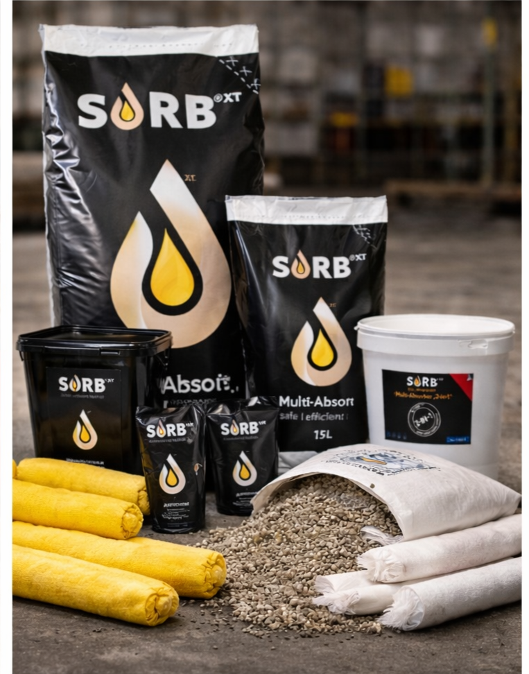 Various absorbent products including large bags labeled 'SUB' and smaller packs, a white bucket, yellow insulation rolls, and a pile of gravel or crushed stone, all arranged on a concrete floor in an industrial setting.