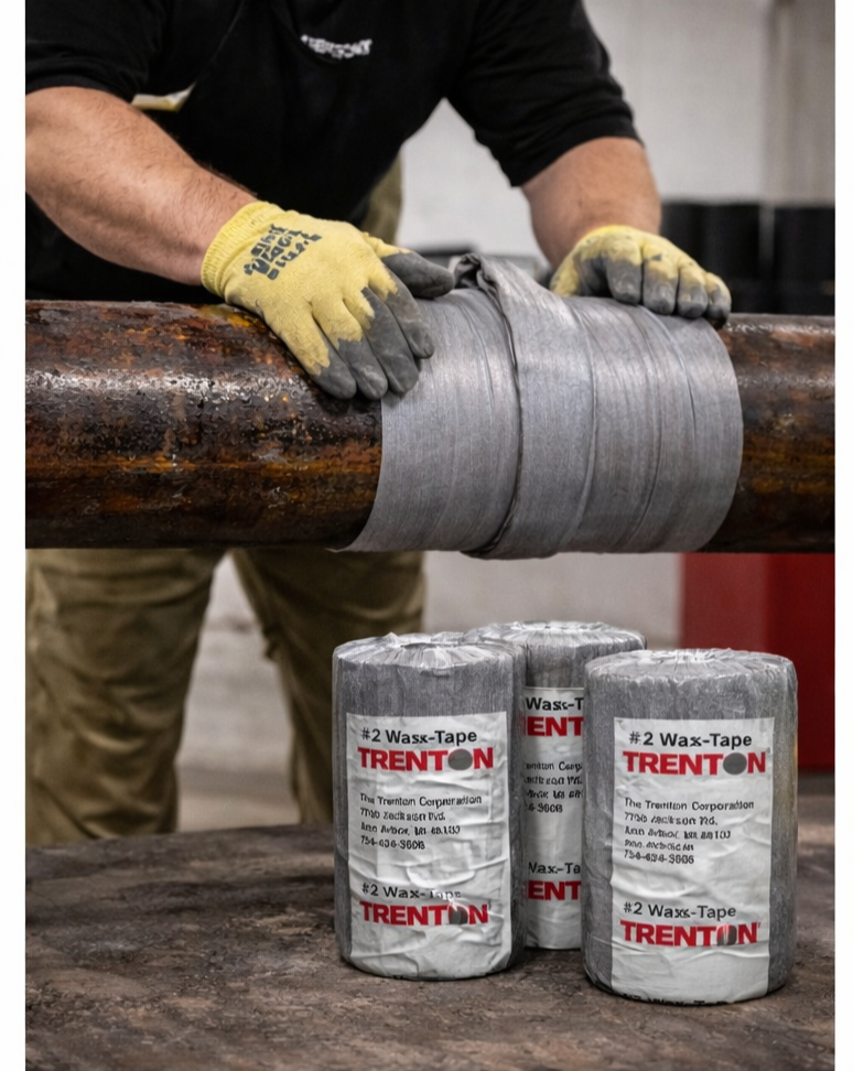 A worker wearing yellow gloves applying scaffolding wrap around a rusty metal pipe, with three rolls of Trenton #2 wax-tape behind them.