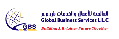 Logo and name of Global Business Services L.L.C., with Arabic and English text, featuring a globe graphic and the slogan 'Building A Brighter Future Together'.