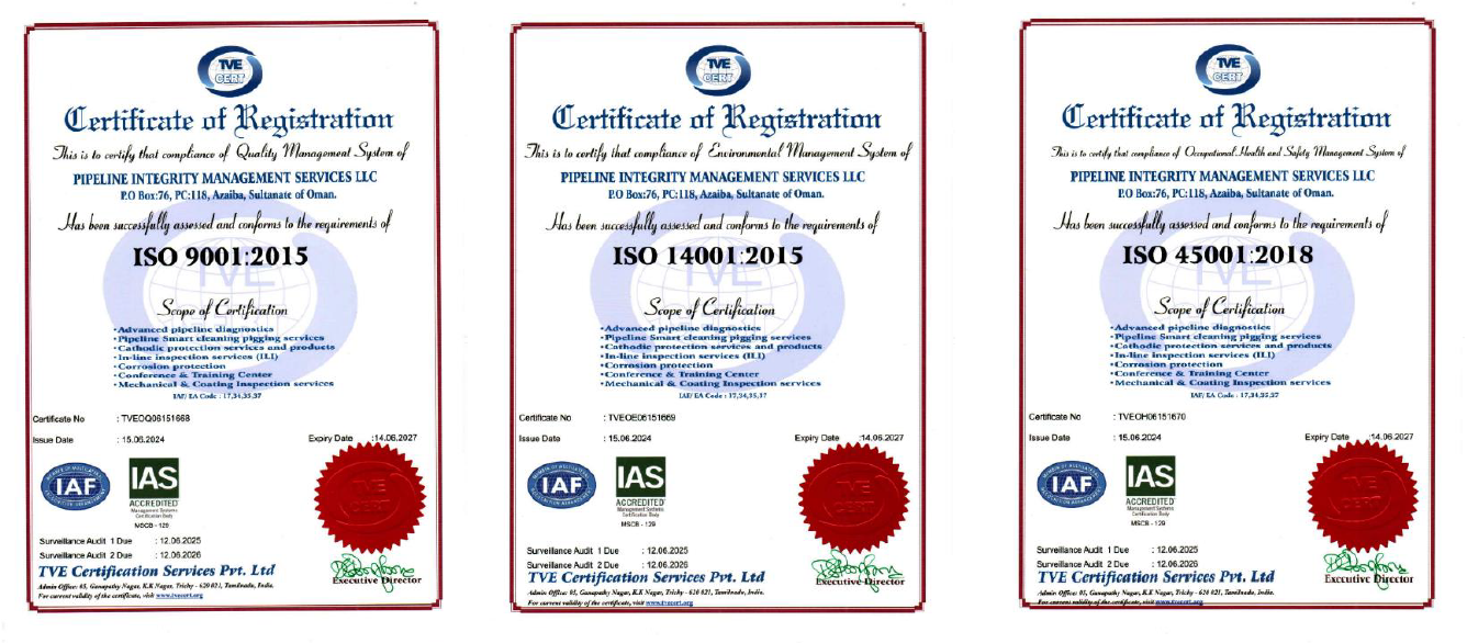 Three certificates from Pipeline Integrity Management Services LLC for ISO 9001:2015, ISO 14001:2015, and ISO 45001:2018, each with a red seal, a blue and green logo, and approval stamps.