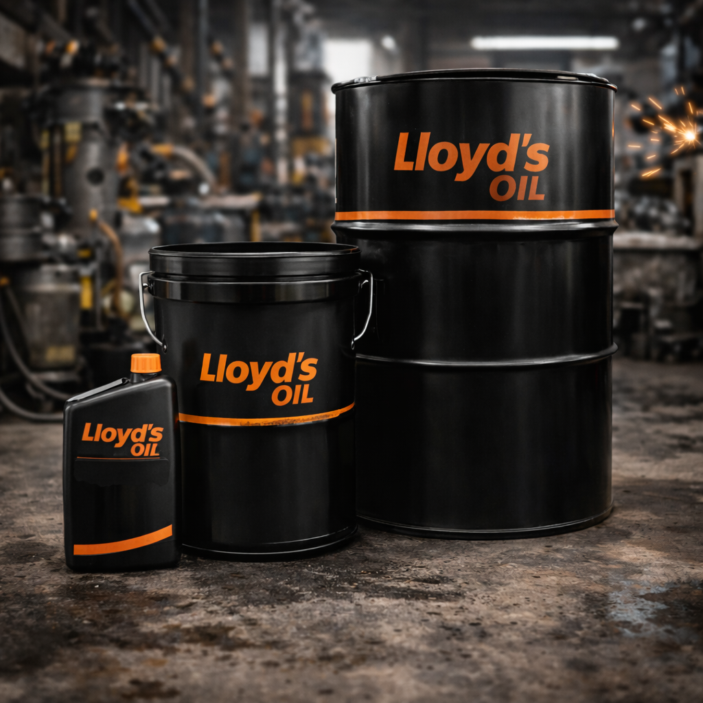 Three containers of Lloyd's Oil in a workshop with machinery and sparks in the background.