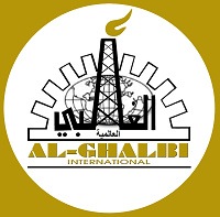 Logo of Al-Gharib International featuring a oil drilling rig, gear, and flame symbols with Arabic and English text.