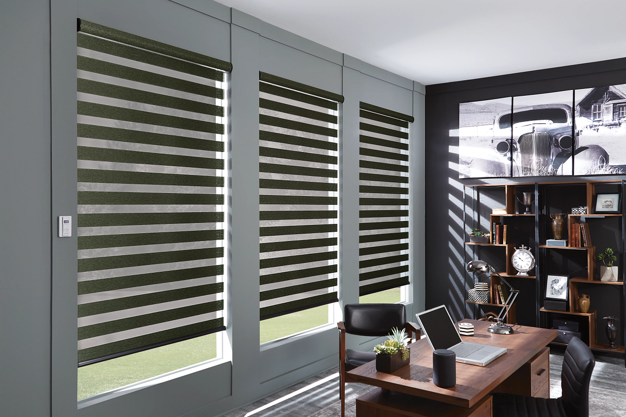 Modern home office with three large windows with zebra blinds, a wooden desk with a laptop, speaker, and plant, and a black shelving unit with decor items and books. B&W vintage car photo on the wall.