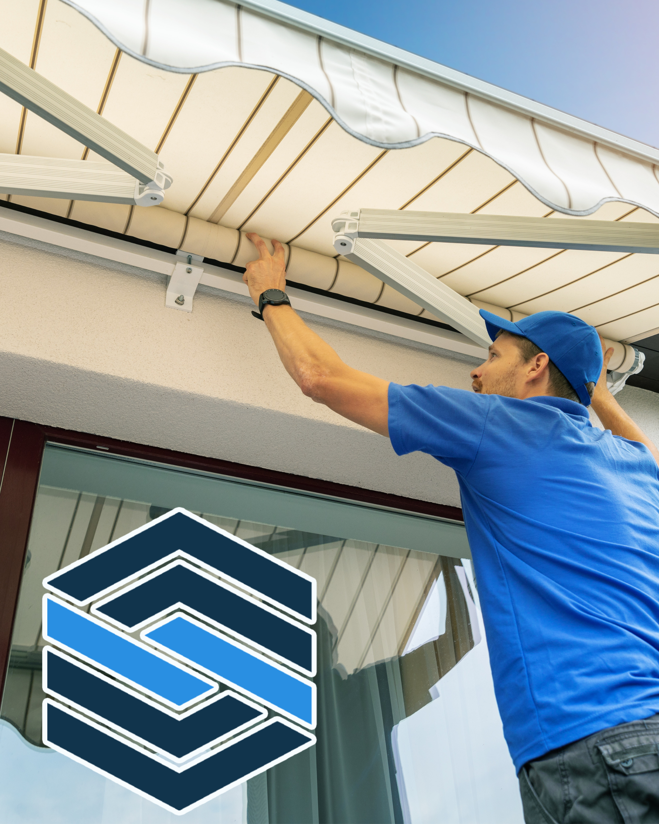 A person wearing a blue shirt, gray pants, and a blue cap is adjusting a white roller shutter above a glass door or window on a building exterior. There are five blue and white arrow signs attached to the glass.