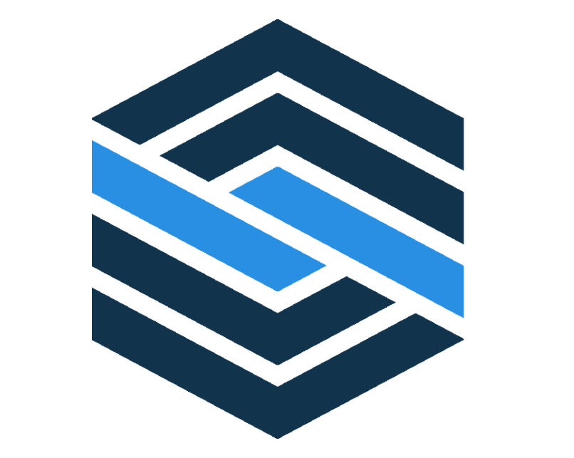 A 3D geometric logo with stacked layered shapes in dark and light blue colors, creating a cube-like structure.