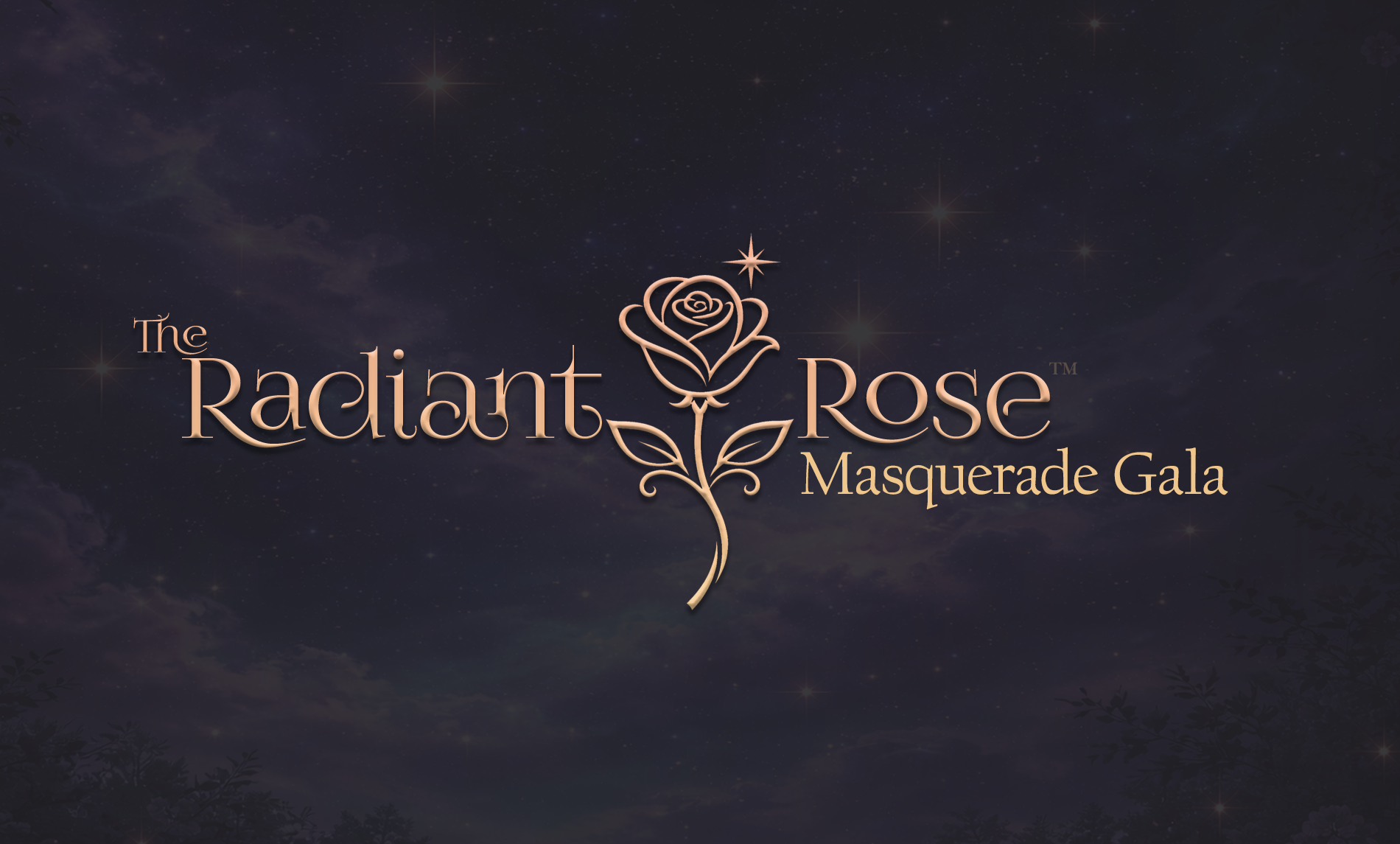 Logo for The Radiant Rose Masquerade Gala featuring a stylized rose with a star on top, set against a starry night sky background.