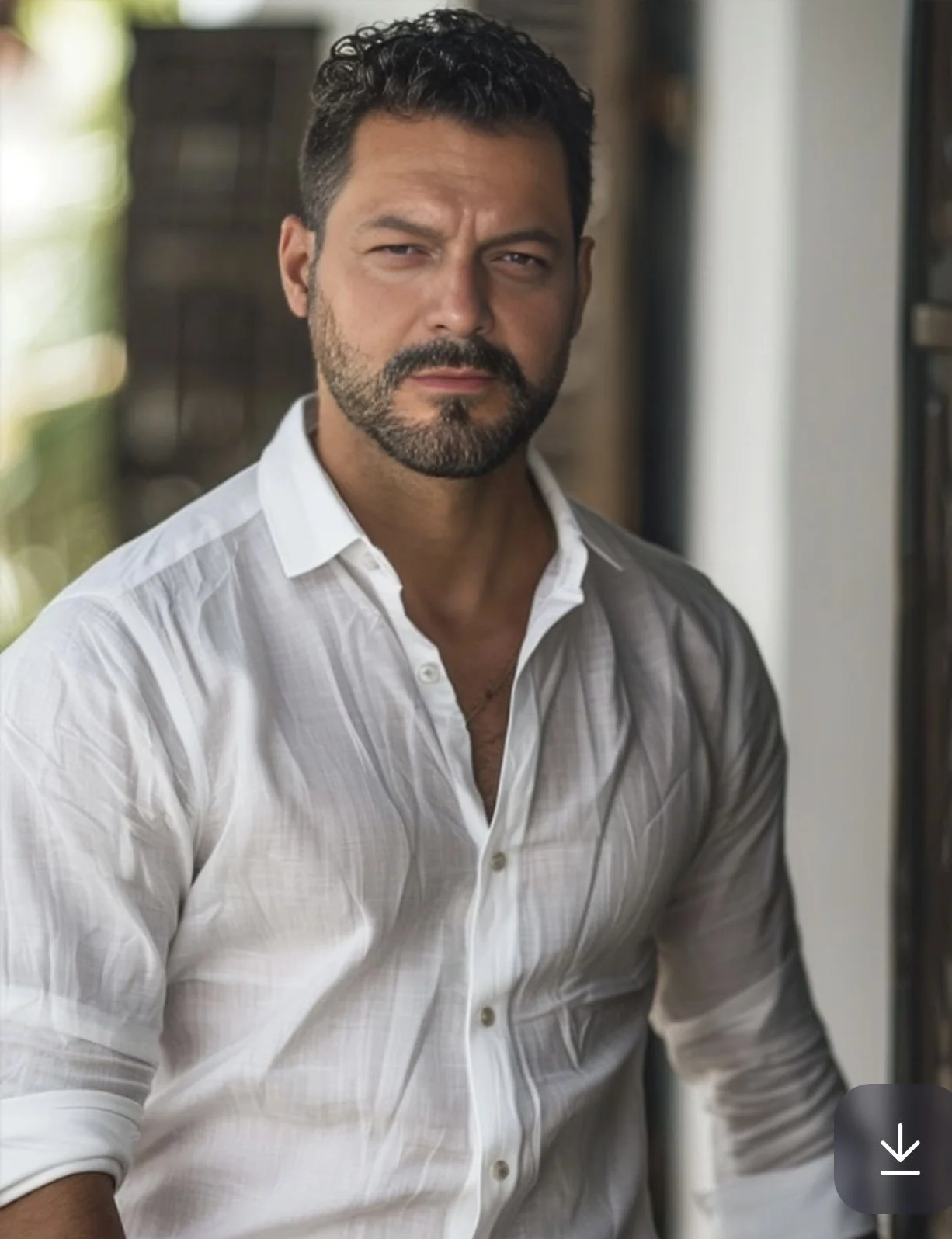 A man with dark, curly hair and a beard gazing at the camera, wearing a white button-up shirt.
