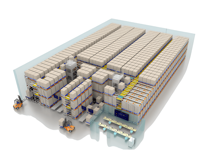 3D digital illustration of a large warehouse as/rs shuttle system with stacked boxes, storage racks, forklifts, and conveyor belts.
