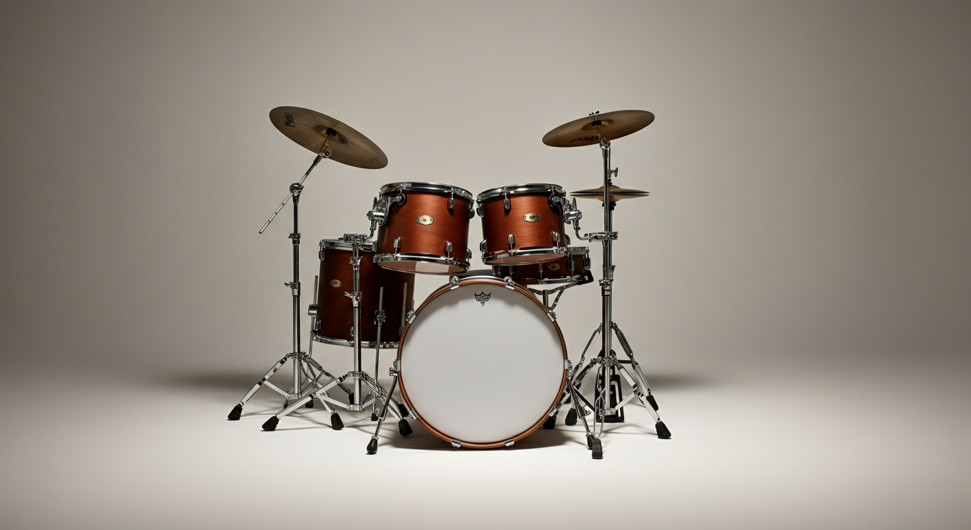 A brown drum set with cymbals on a plain white background.