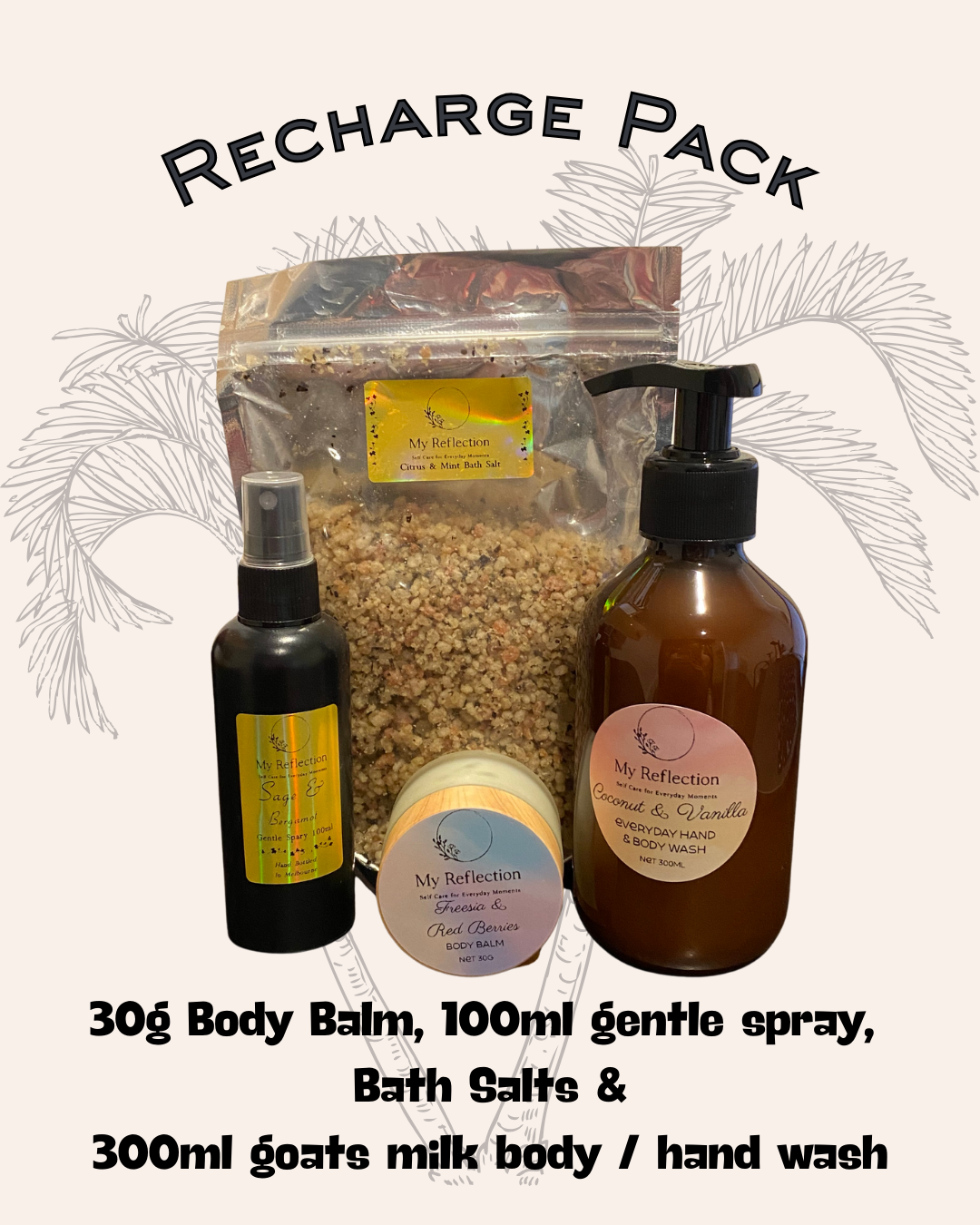 A collection of self-care products including bath salts, body balm, gentle spray, and body/hand wash labeled under "My Reflection" on a white background with a faint floral outline. The bath salts are in a sealed plastic bag, the body balm is in a small jar, the spray is in a black bottle, and the hand wash is in a brown pump bottle.