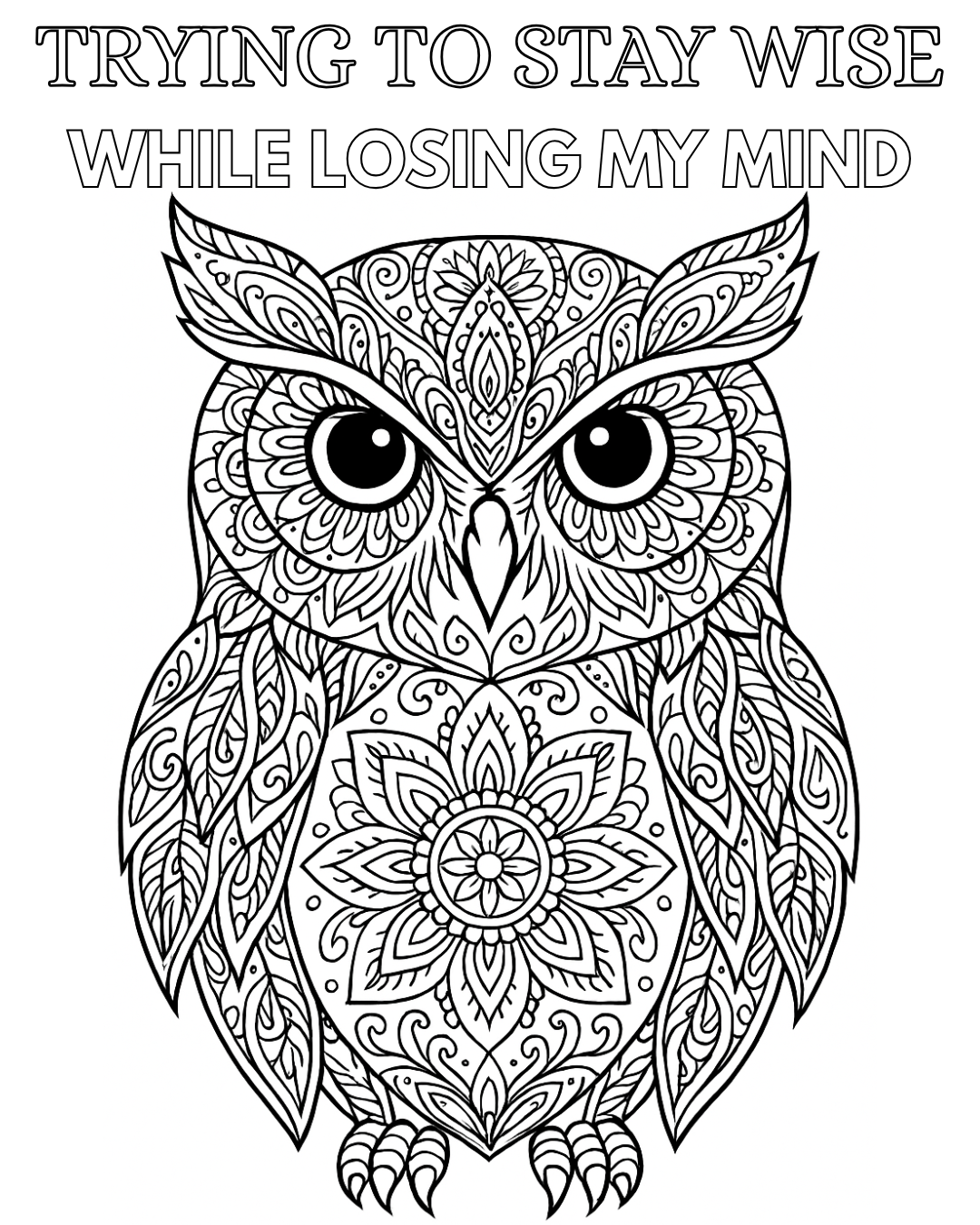 A detailed black and white coloring page of an owl with intricate patterns and floral designs.