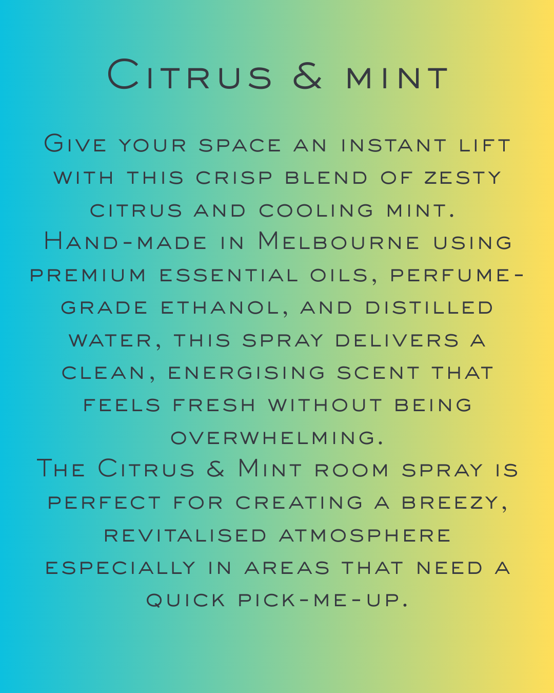 Text describing citrus & mint room spray, its ingredients, scent, and use for creating a breezy, revitalized atmosphere.