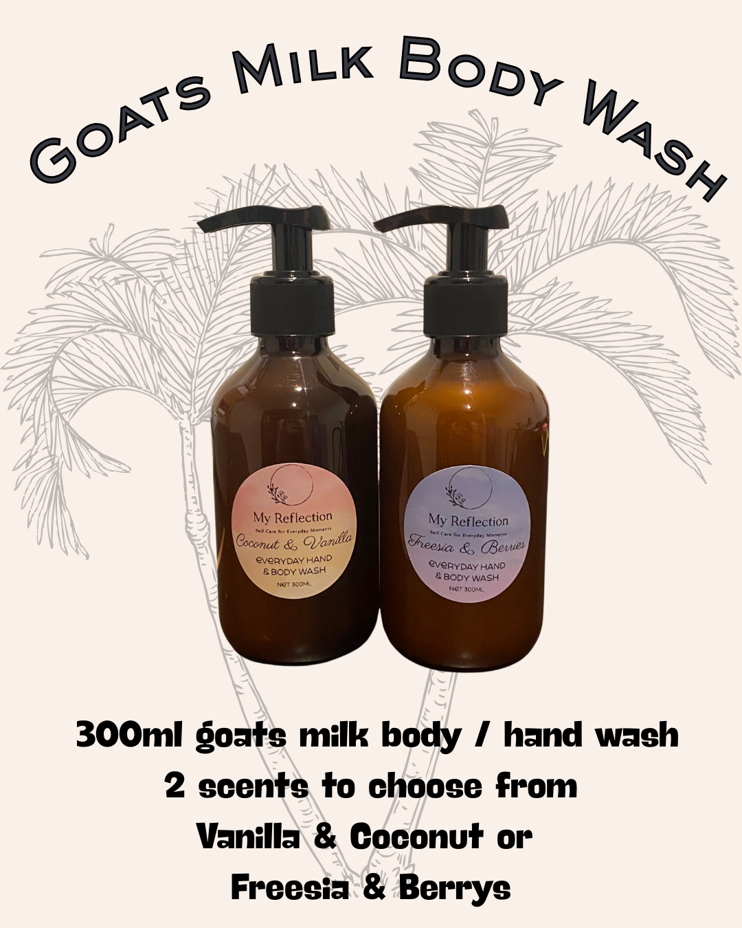 Two amber pump bottles labeled for goat's milk body and hand wash, one Coconut & Vanilla scent and the other Freesia & Berries scent, with a background of illustrated palm trees and text indicating 300ml size and two scent options.