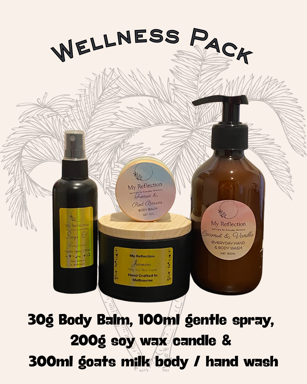 Wellness pack including a 30g body balm, 100ml gentle spray, 200g soy wax candle, and 300ml goats milk body or hand wash.