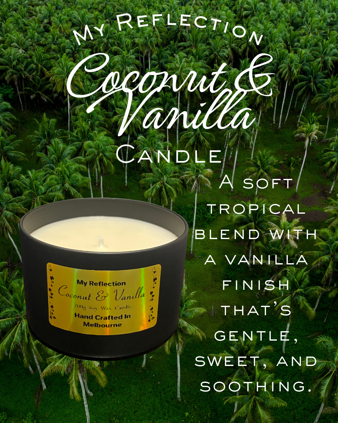 Image of a coconut and vanilla scented candle with a tropical background of palm trees, displaying descriptive text about the candle's scent and qualities.