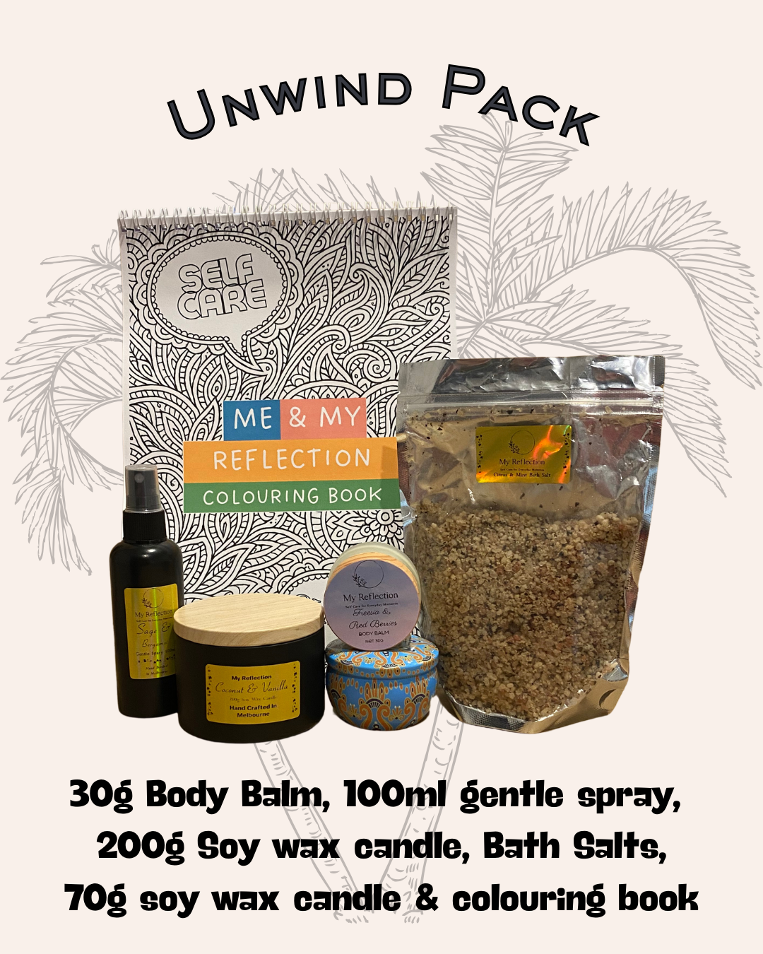 Self-care products including a body balm, a gentle spray, bath salts, soy wax candles, and a coloring book with a black and white design, all labeled 'My Reflection.'