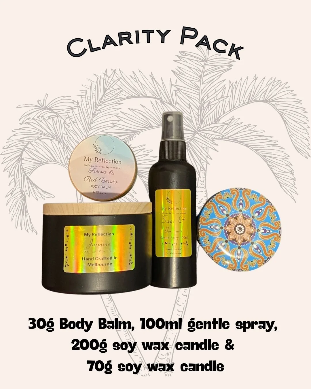 Set of four wellness products including a jar of body balm, a spray bottle, a soy wax candle, and a smaller soy wax candle, all from Clarity Pack with decorative labels, against a backdrop of a sketch of a plant and the text description of the products.