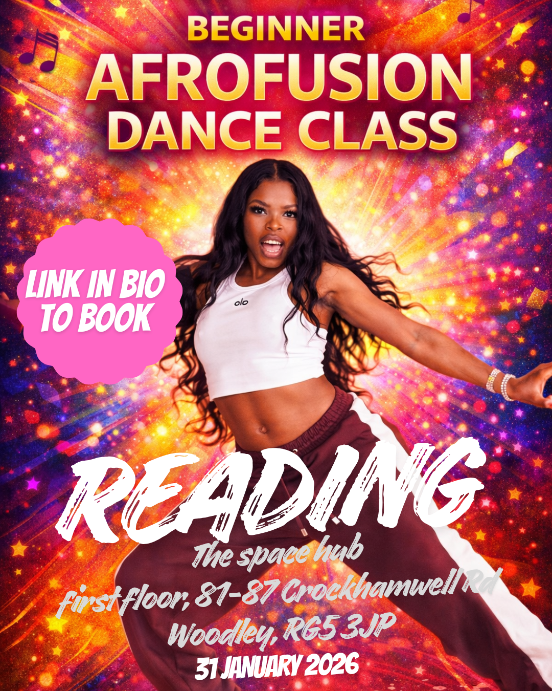 Bright promotional poster for a beginner Afrofusion dance class, featuring a woman dancing energetically with a colorful, starry background. The text indicates the class is at The space hub, first floor, 81-87 Crockhamwell Rd, Woodley, on January 31, 2026, with a pink badge saying 'Link in bio to book.'