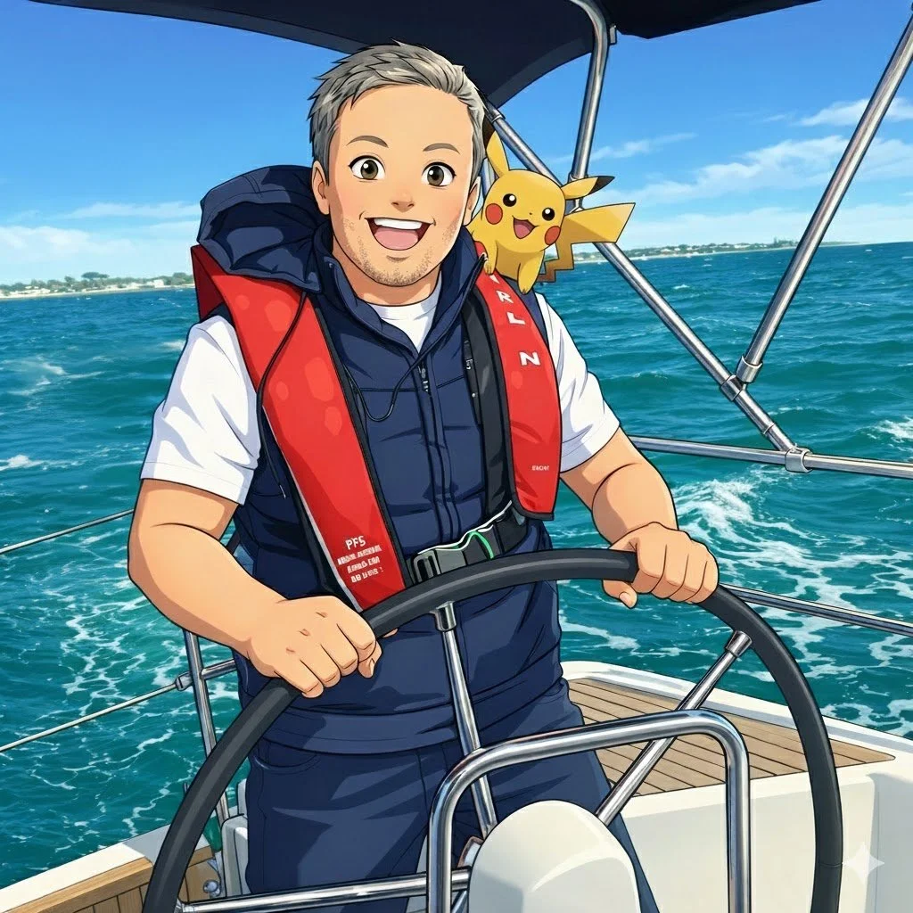 A cartoon man wearing a life jacket and blue vest steering a boat with a smiling Pikachu perched on his shoulder, on a body of water with a distant shoreline and blue sky in the background.