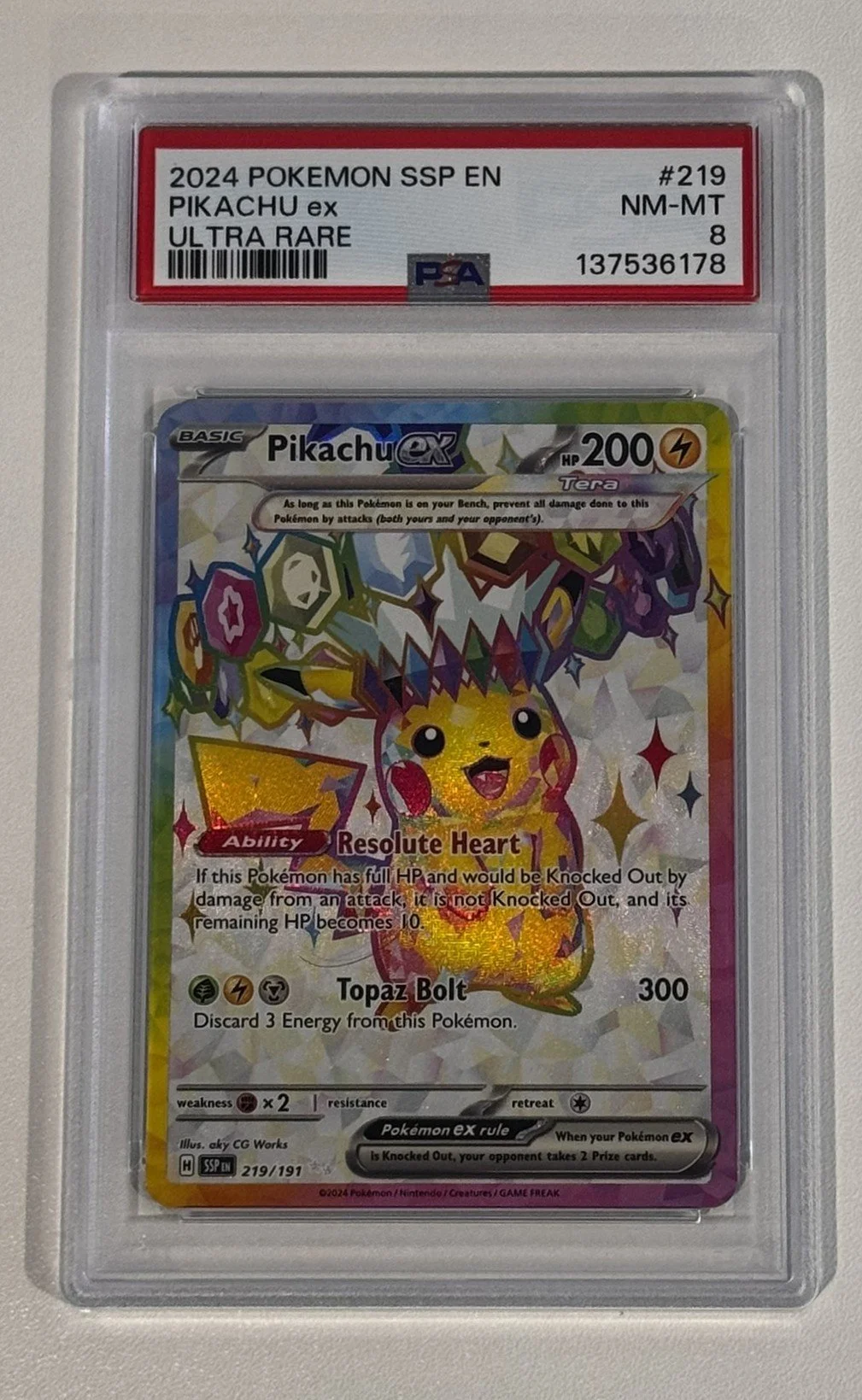 2024 Pokémon Surging Sparks English  ULTRA RARE #219 Pikachu Ex PSA 8