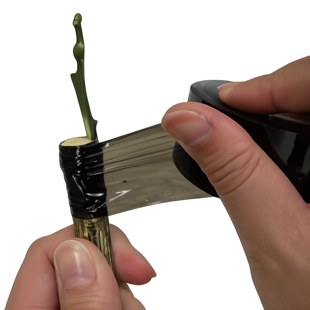 Seaval B graft fixing tape securing the scion during professional tree grafting before sealing with Buddy Tape®.
