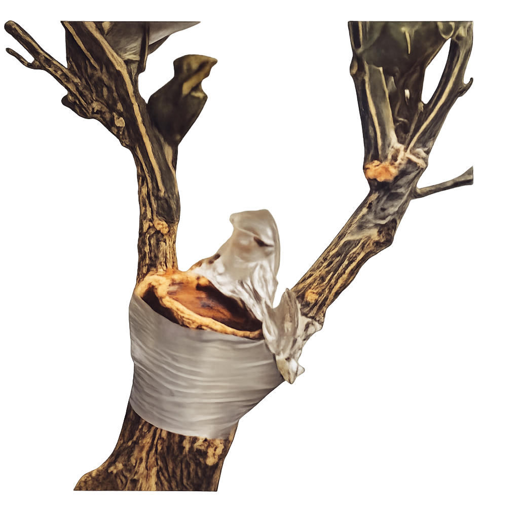 Caloose A aluminium-backed graft protection film applied to a tree graft to protect exposed wood and encourage healthy callus formation.