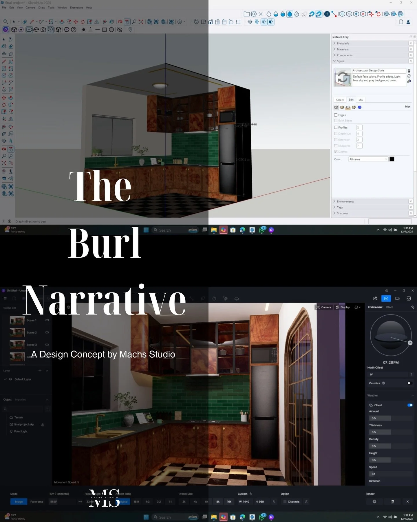 Small kitchen. Big character. Zero excuses.

This kitchen is a bold conversation between rich burl wood cabinetry and Don tello marble, layered with deep green tiles and warm lighting to create depth, texture, and mood. Proof that square footage does