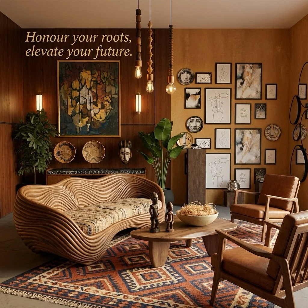 Honour your roots, elevate your future. 
A sculptural wood sofa, earthy tones, tribal masks, and an eclectic gallery wall &mdash; this space holds memory and modernity in the same breath. 
This is Afro-Contemporary design done with full intention.
De