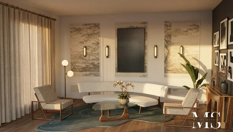 Every piece in this space tells a story, from the sculptural boucle curves to the bronze accents that catch the golden hour light. 
This is what happens when design serves both purpose and beauty.
The carved wooden console becomes a gallery. A mirror