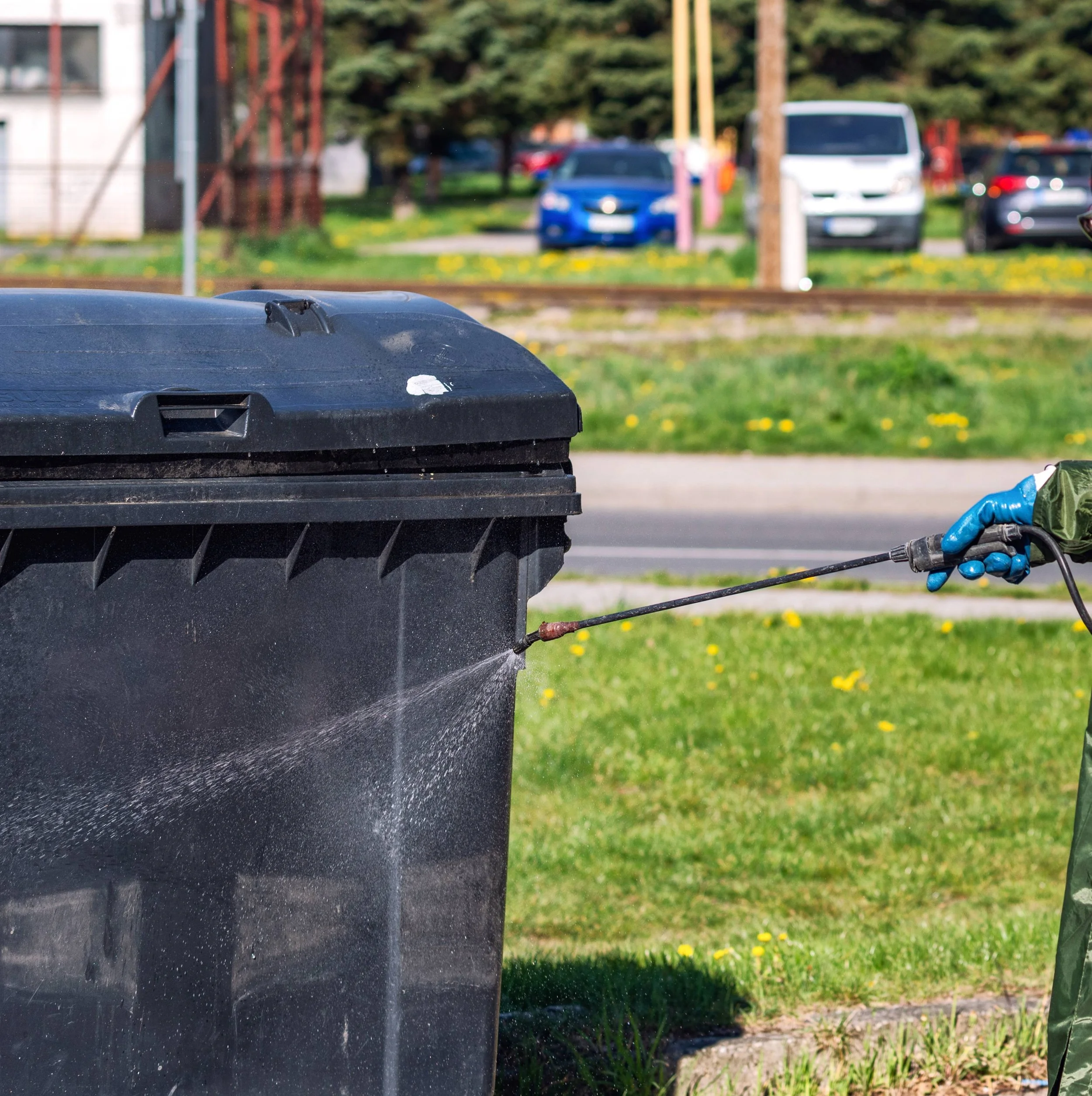 Person wearing blue gloves and camouflage jacket using a spray wand to clean or disinfect a large black outdoor trash bin.