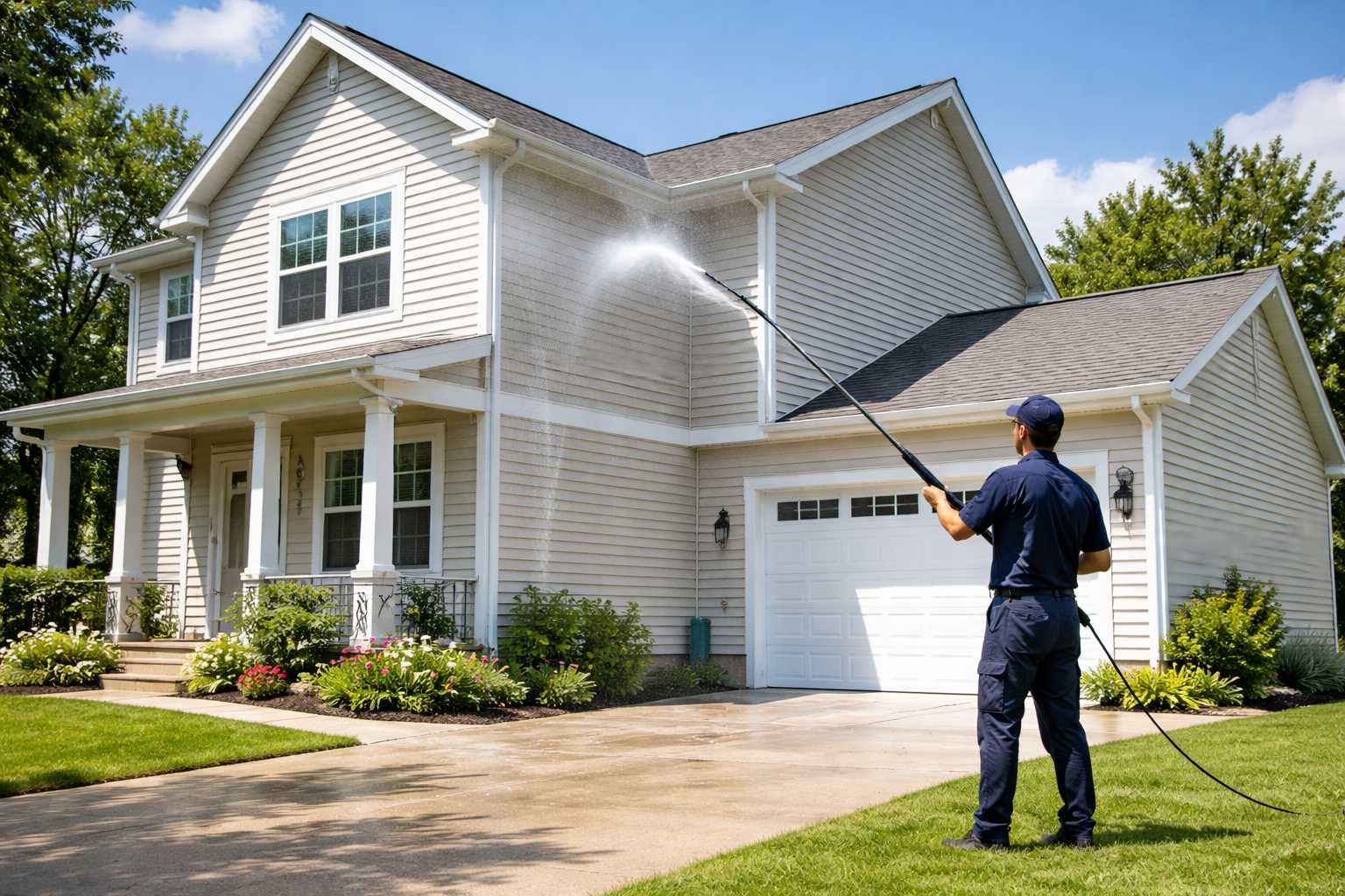 A man in uniform is pressure washing the exterior of a two-story house on a sunny day. The house is white with black shingles and has a landscaped front yard with bushes and flowers.