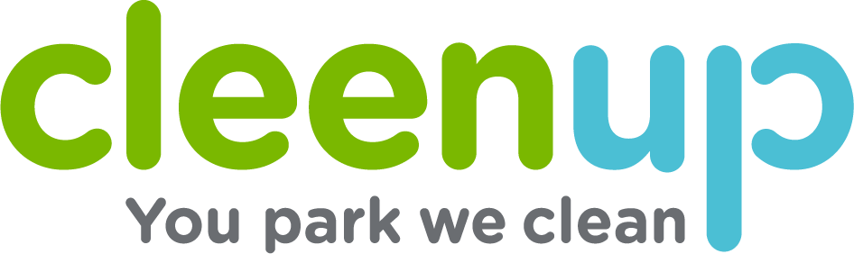 Logo des Unternehmens 'clean up' mit dem Slogan 'You park we clean'.
