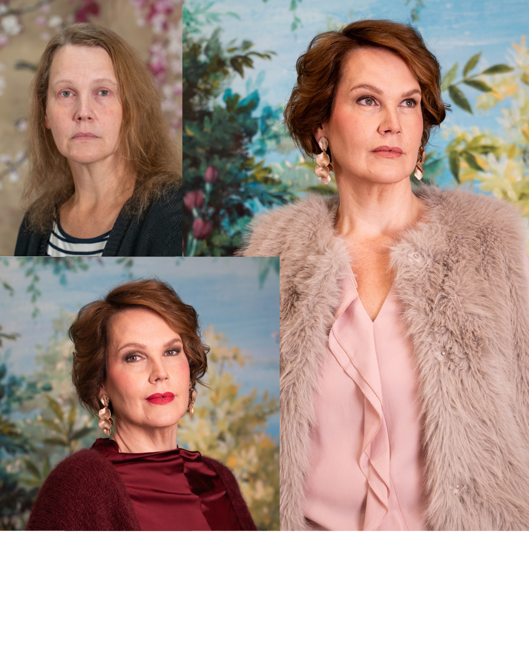 Aikuisen naisen muodonmuutos Helsinki. Meikkaaja ja kampaaja. Hiusten leikkaus ja värjäys.