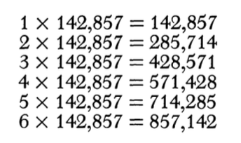 Mathematical calculations showing the multiplication of 142,857 by numbers 1 through 6 and their results.