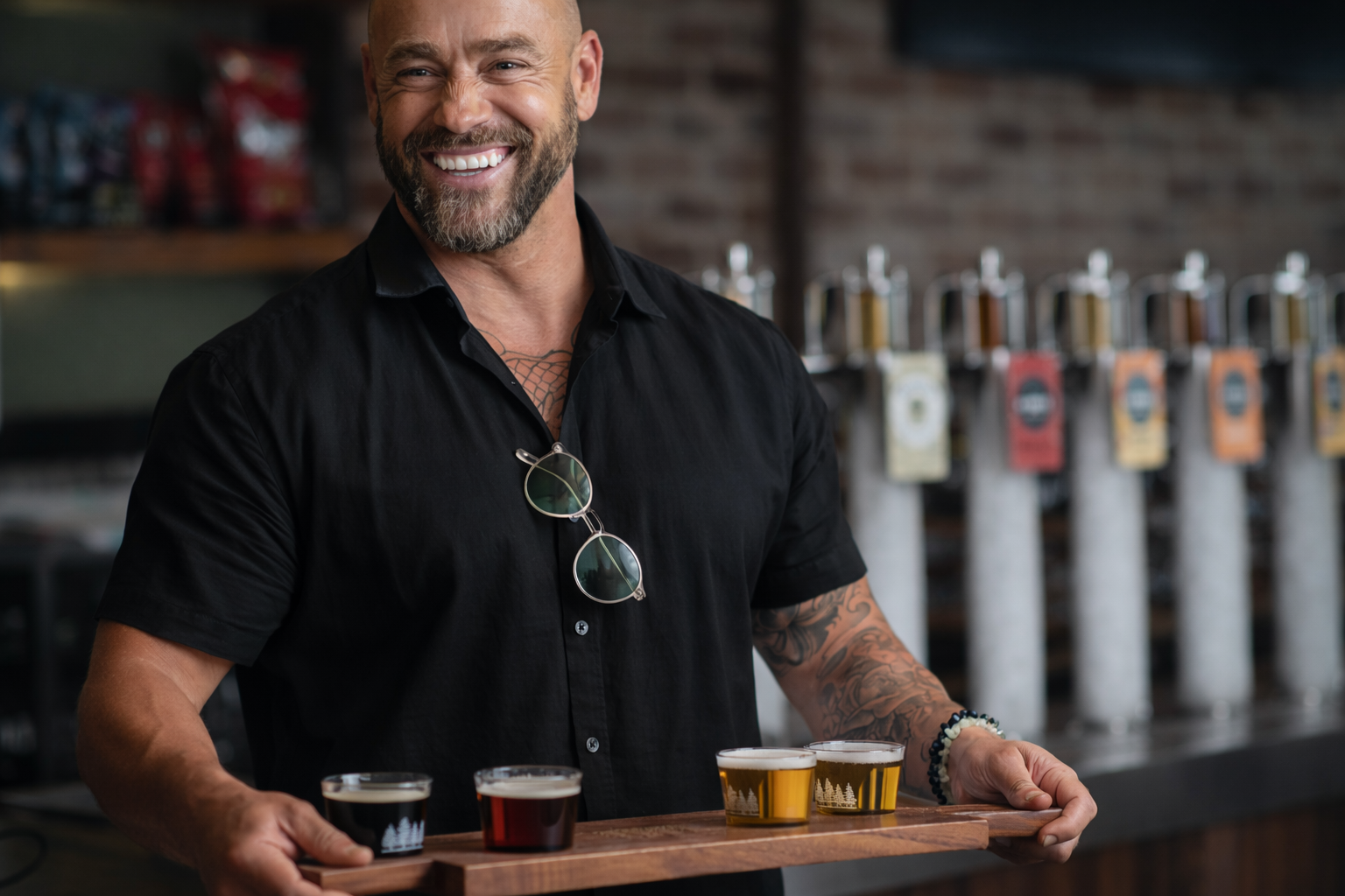 A smiling man with a beard and tattoos, wearing a black shirt and sunglasses hanging from his collar, holds a flight of four beers on a wooden tray in a brewery or bar setting.