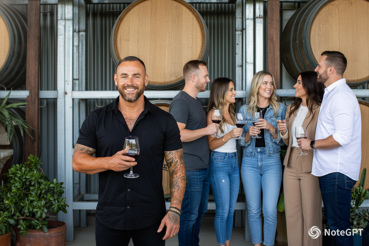 A group of six people socializing at a winery, holding wine glasses, with large wine barrels in the background.