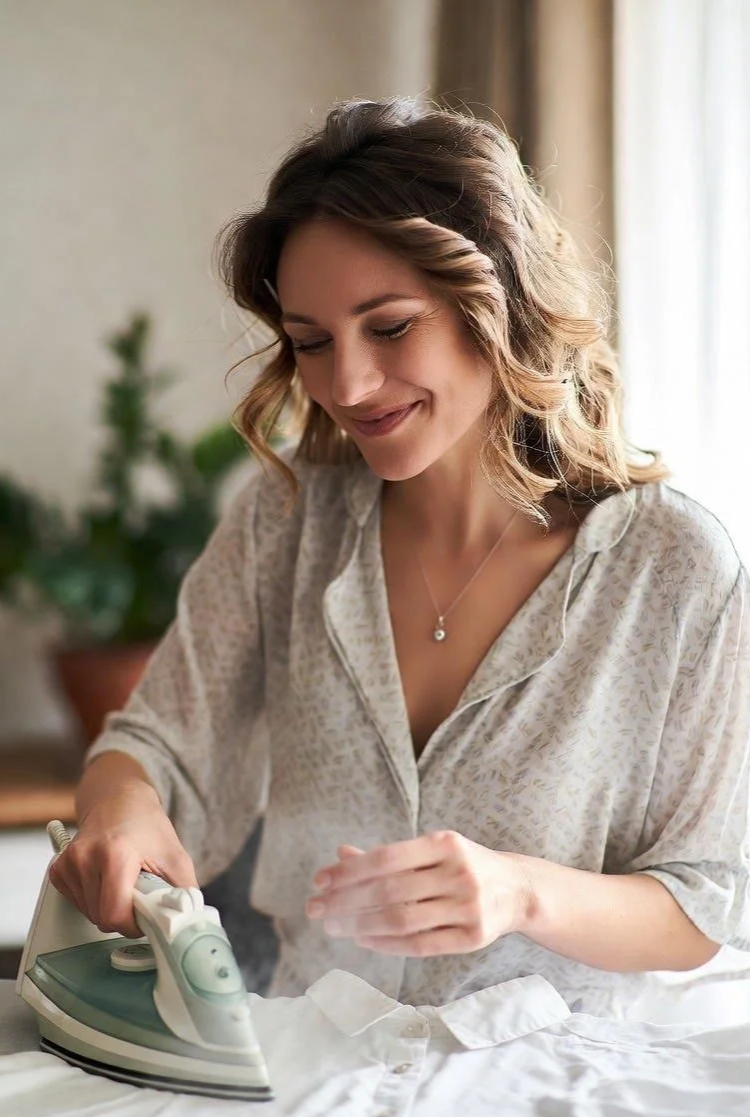 A woman is ironing a white shirt on a table, smiling and looking down at her work, with a potted plant blurred in the background.