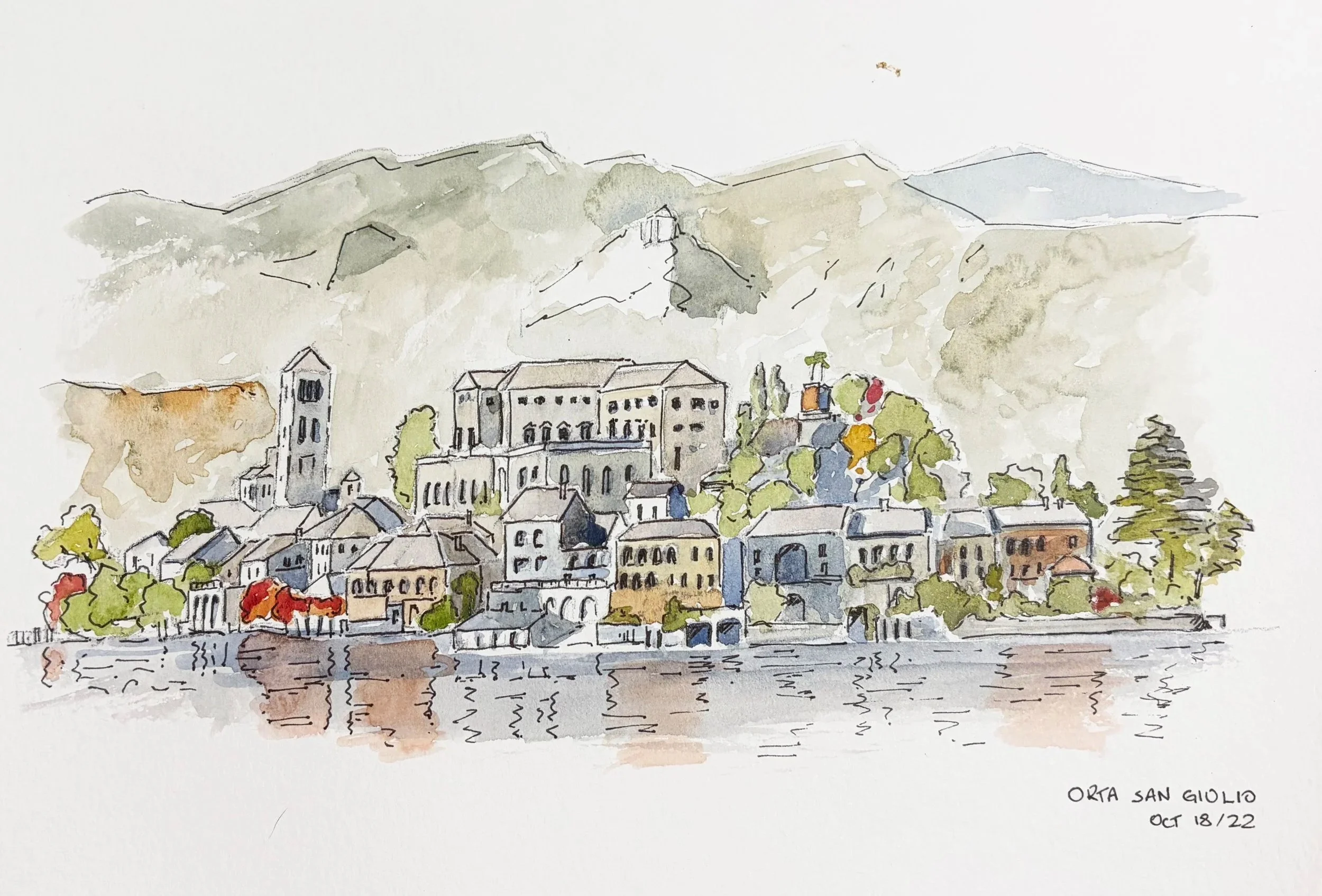 watercolour painting of Orta in Italy