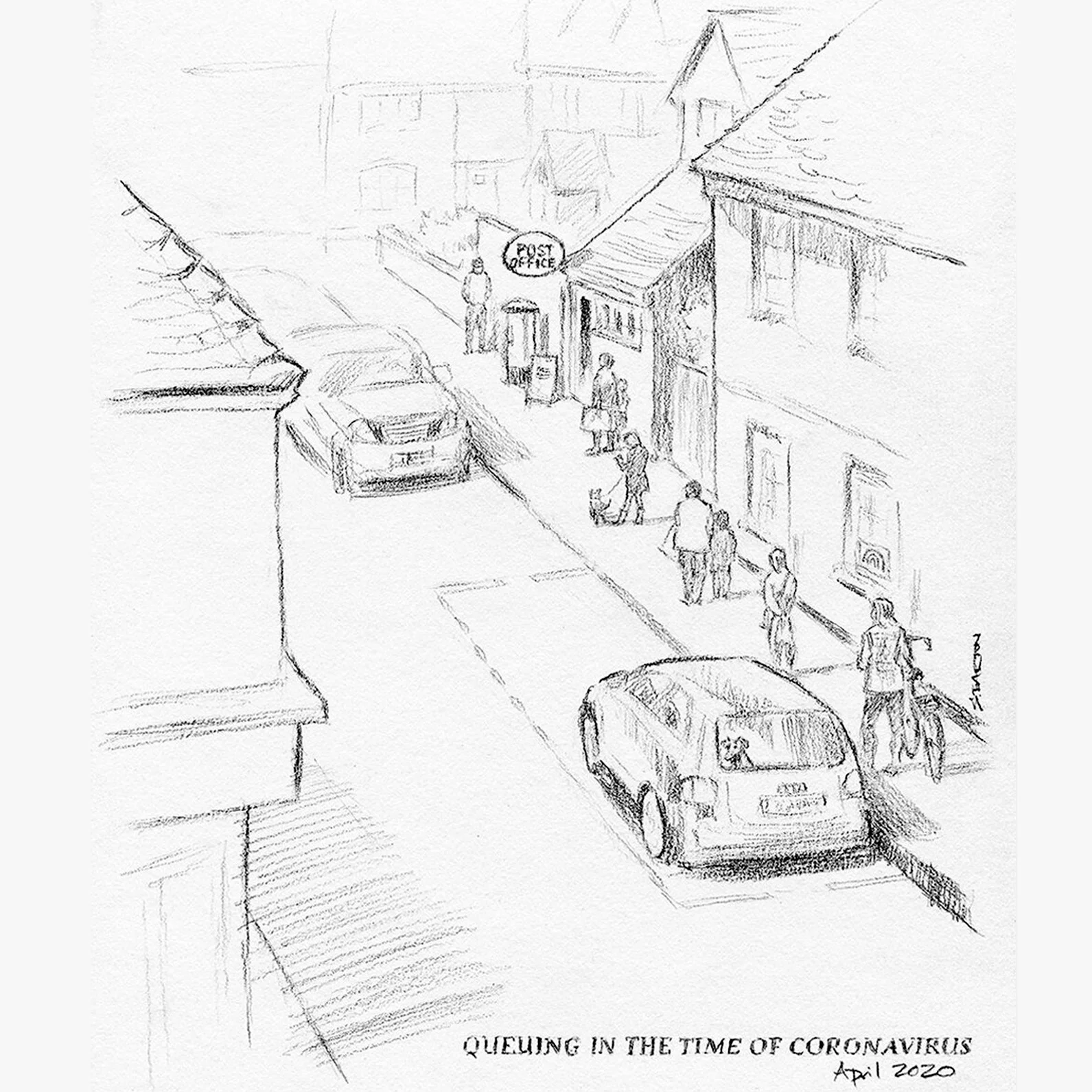 Sketch from bedroom window - queue for the Post Office during Covid