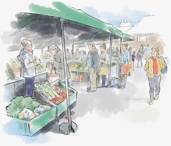 Watercolour Sketch: Farmers' Market. Pencil & digital colour
