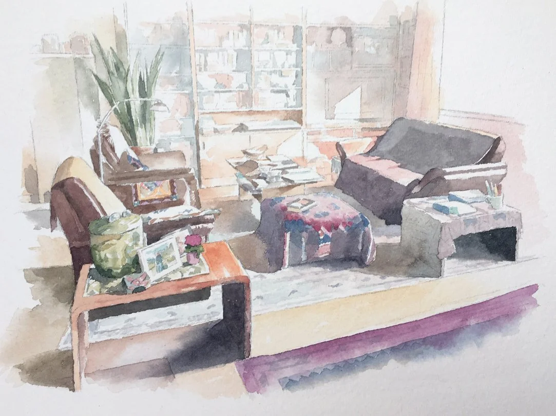 Watercolour sketch: apartment interior, Vienna