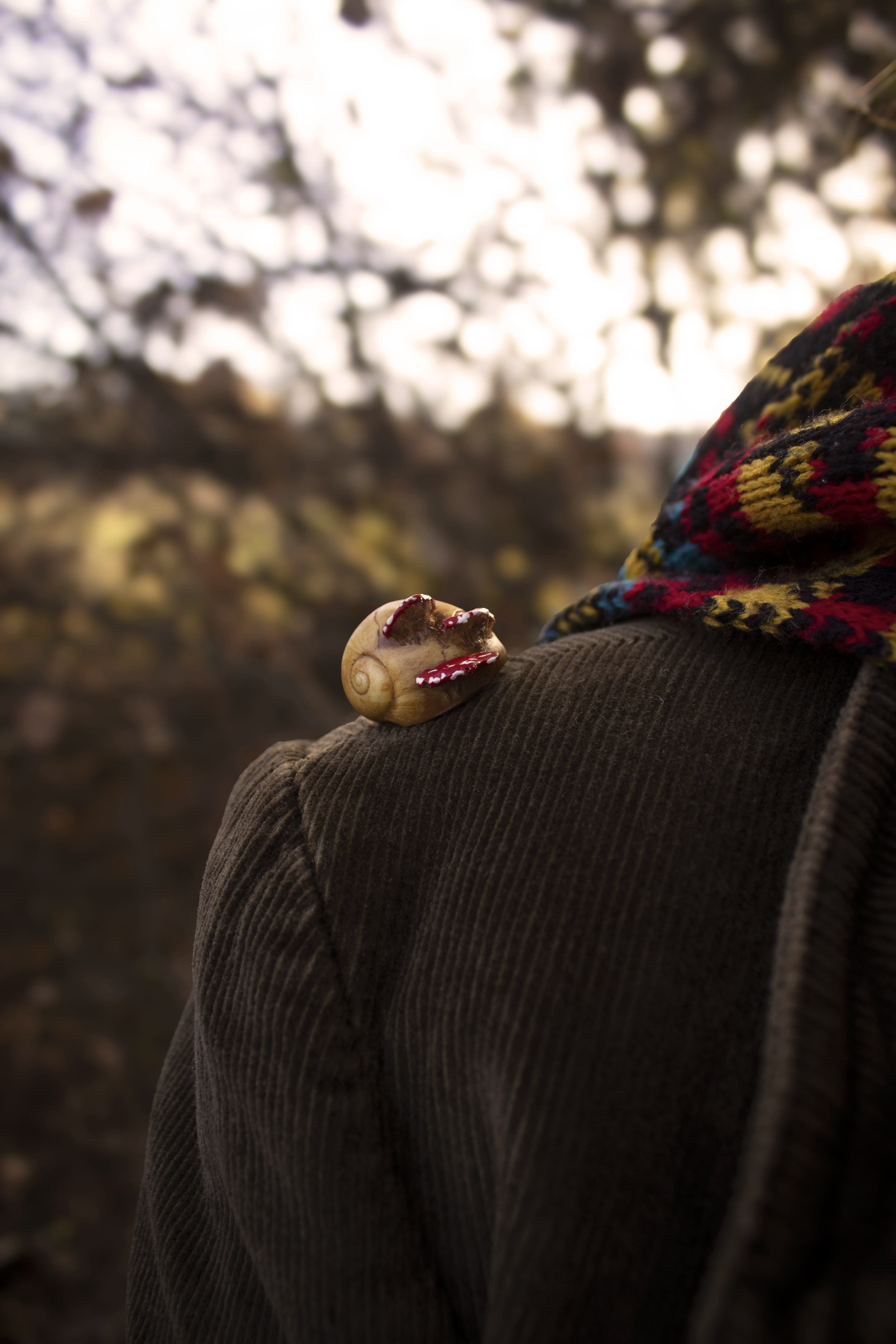Una spilla a forma di lumaca con testa, occhi e bocca su una spalla di una persona vestita con un cappotto marrone e una sciarpa colorata, sullo sfondo di alberi autunnali.