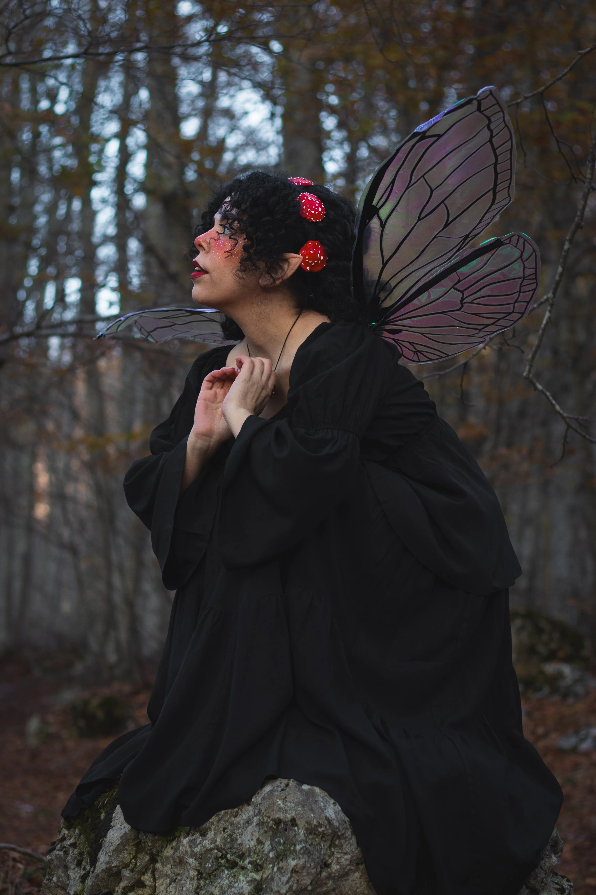 Una donna con tratti fatati, orecchini e ali da fata, che indossa un abito nero, seduta su una pietra in un bosco autunnale.