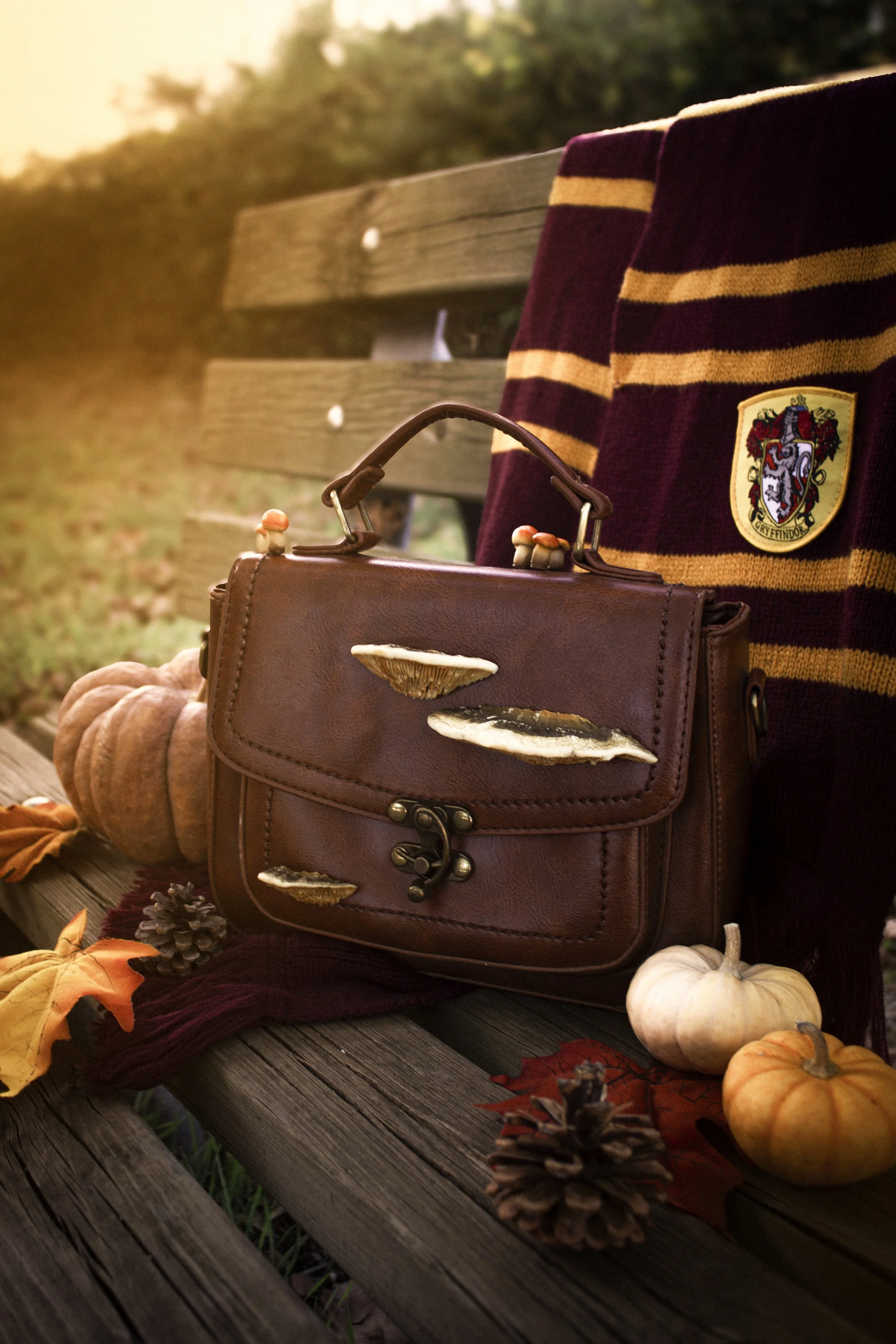 Una borsa di pelle marrone, un cappotto di maglia con le righe bordeaux e oro con stemma di Grifondoro di Harry Potter, zucchette di zucca, foglie autunnali e pigne su panchina di legno all'aperto.