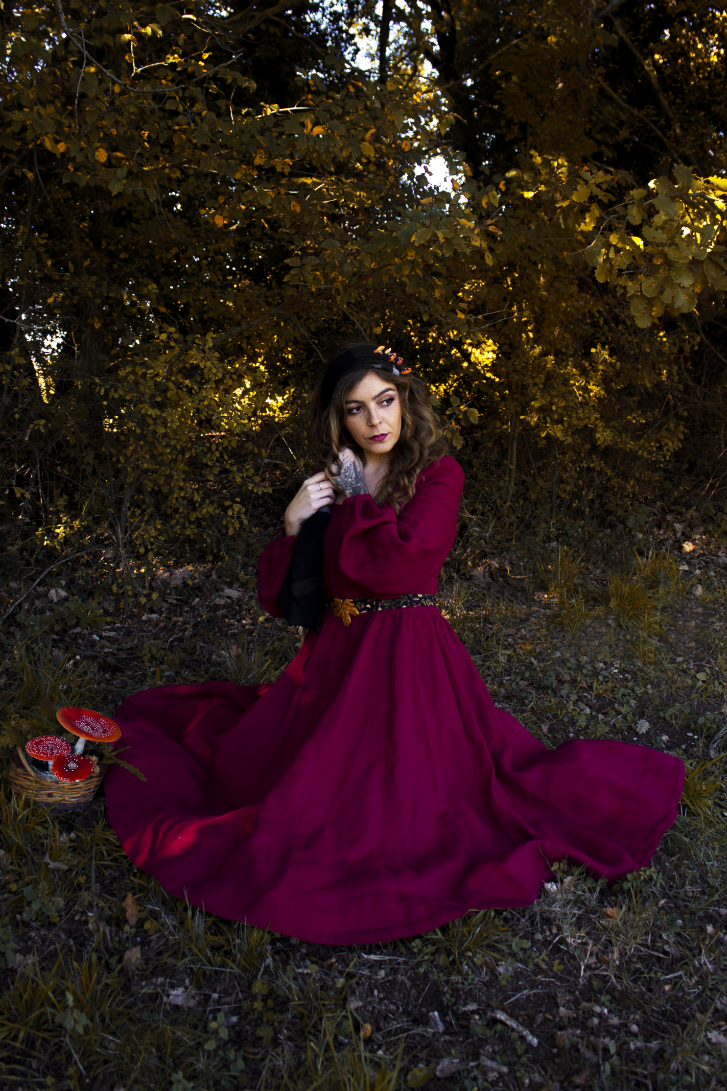 Una donna dai capelli riccioli castani e veste rossa seduta a terra in un bosco con foglie autunnali, con un falco sulla mano e funghi rossi con puntini bianchi vicino a lei.