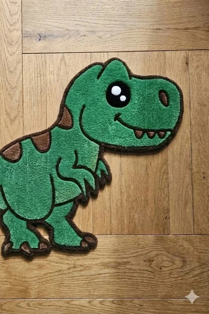 A green cartoon dinosaur rug with big eyes, a smiling face, and brown spots on its back, placed on wooden flooring.