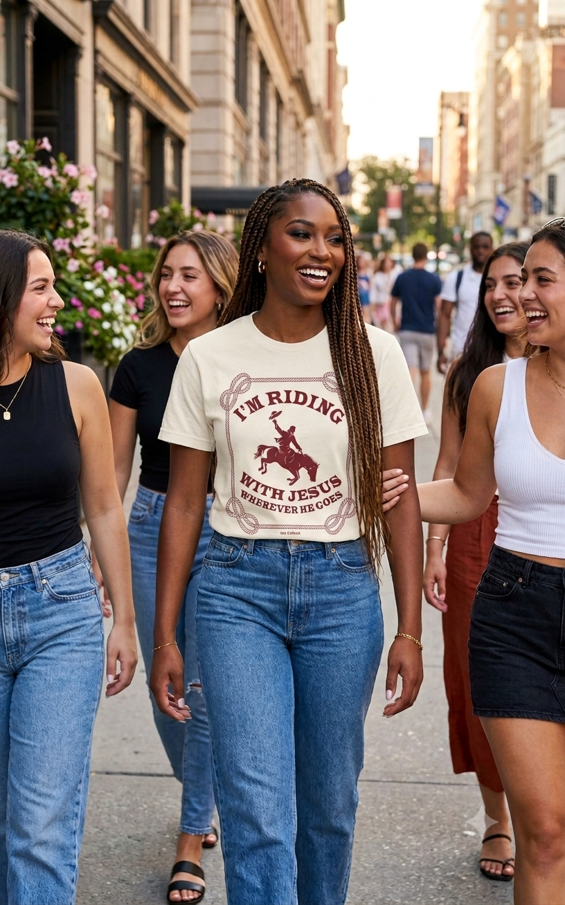 I'm Riding With Jesus Tee • Retro Western Christian T-Shirt • Vintage Cowboy Graphic Streetwear • Country Faith Graphic Tee